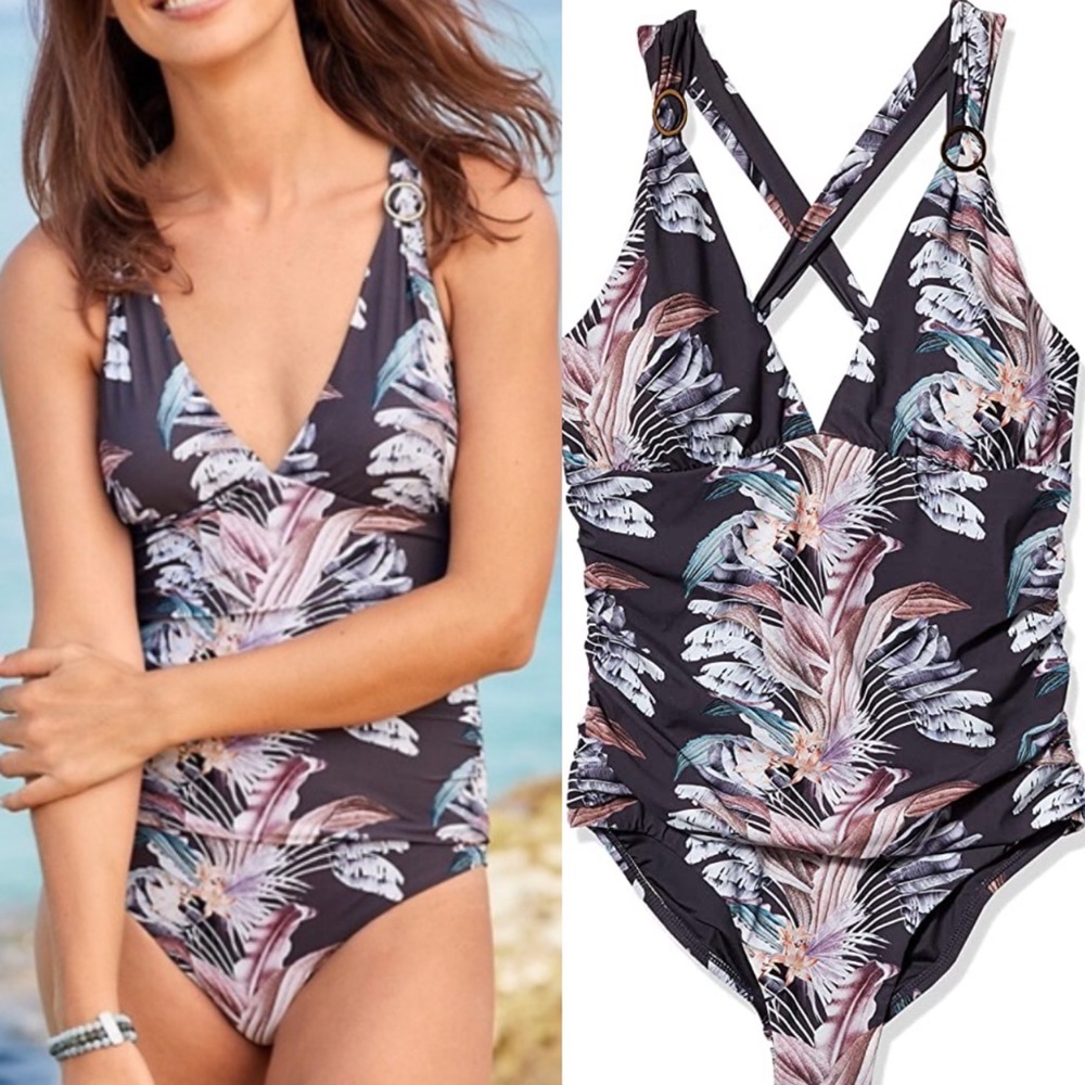 NEW BCBGMaxazaria ruched shirred V neck one piece crossback graphite 10 $148